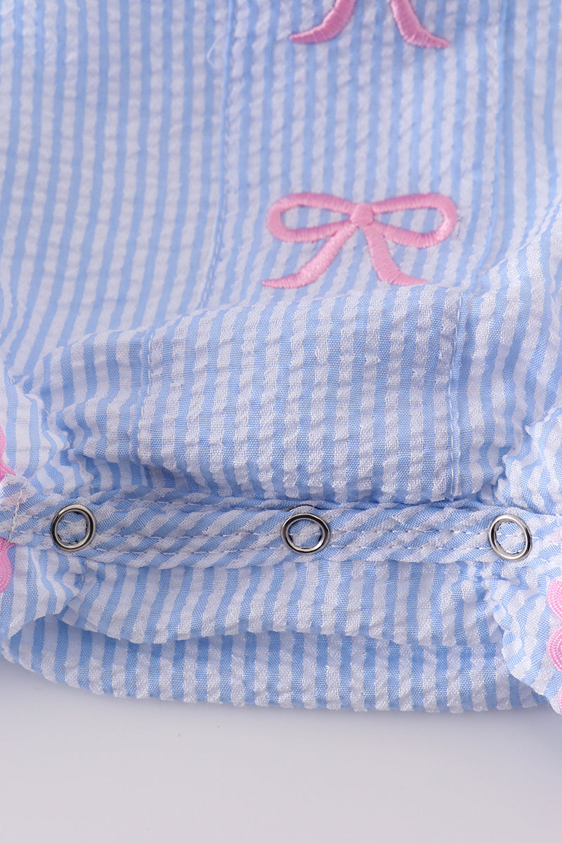 Blue striped seersucker bow embroidery girl bubble