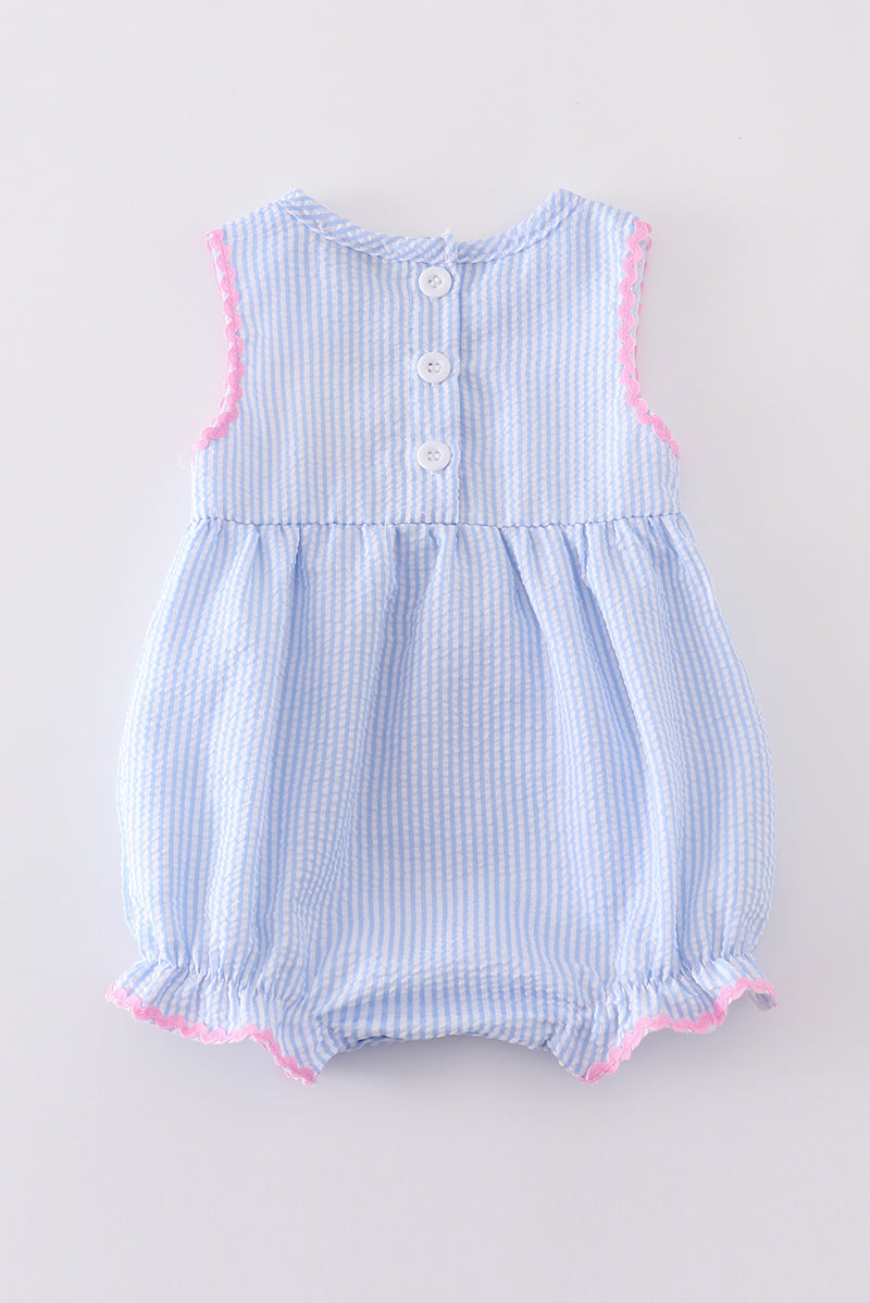 Blue striped seersucker bow embroidery girl bubble