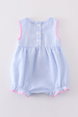 Blue striped seersucker bow embroidery girl bubble