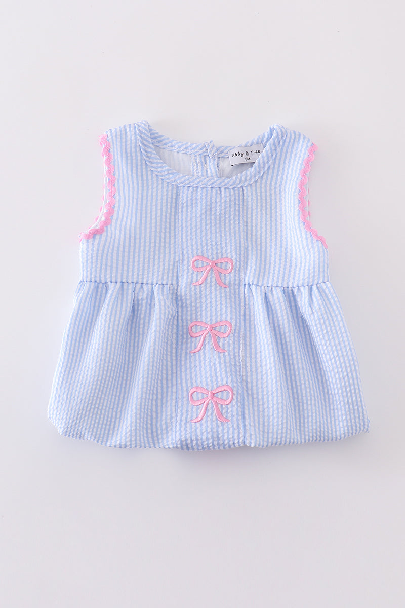 Blue striped seersucker bow embroidery girl bubble