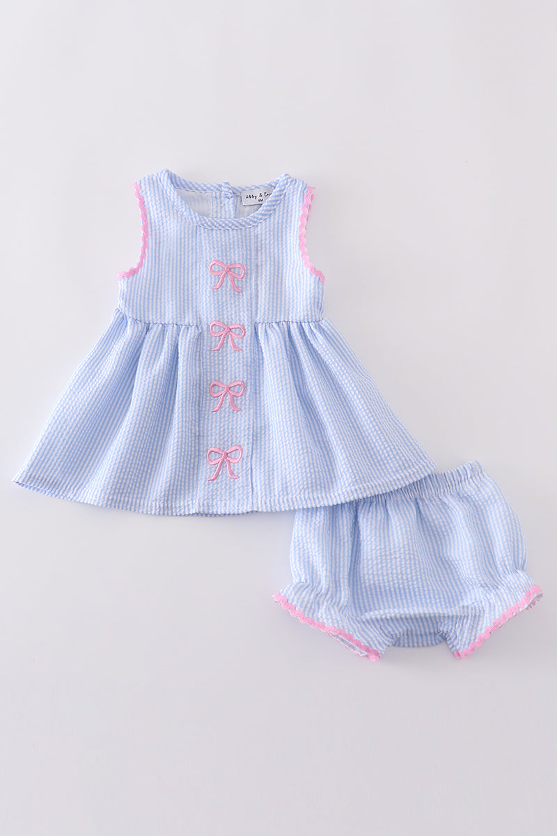 Blue striped seersucker bow embroidery girl bloomers set