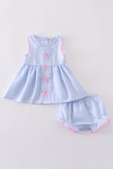 Blue striped seersucker bow embroidery girl bloomers set
