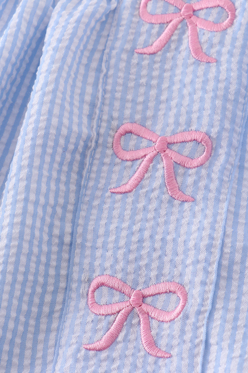 Blue striped seersucker bow embroidery girl bloomers set