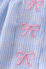 Blue striped seersucker bow embroidery girl bloomers set