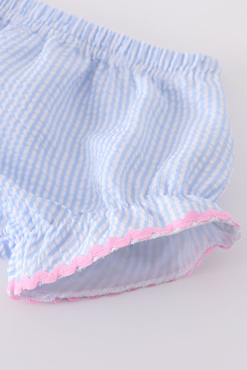 Blue striped seersucker bow embroidery girl bloomers set