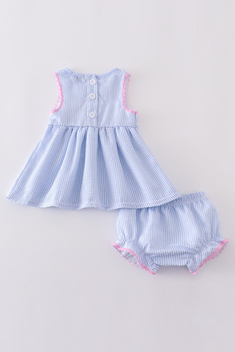 Blue striped seersucker bow embroidery girl bloomers set