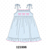 Blue Bow Embroidered Stripe Ruffle Dress