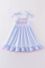 Blue striped seersucker bow embroidery girl dress