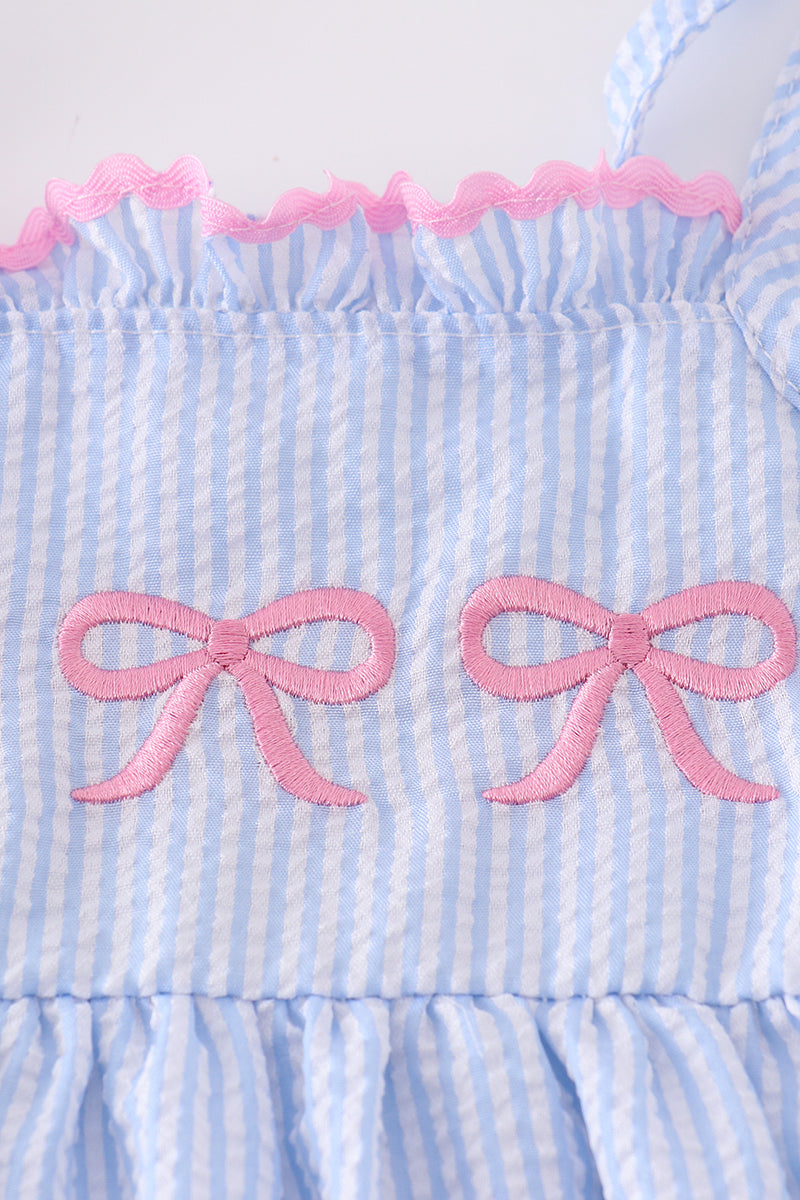 Blue striped seersucker bow embroidery girl dress