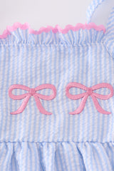 Blue striped seersucker bow embroidery girl dress