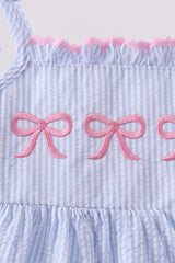 Blue Bow Embroidered Stripe Ruffle Dress
