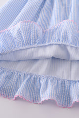 Blue striped seersucker bow embroidery girl dress