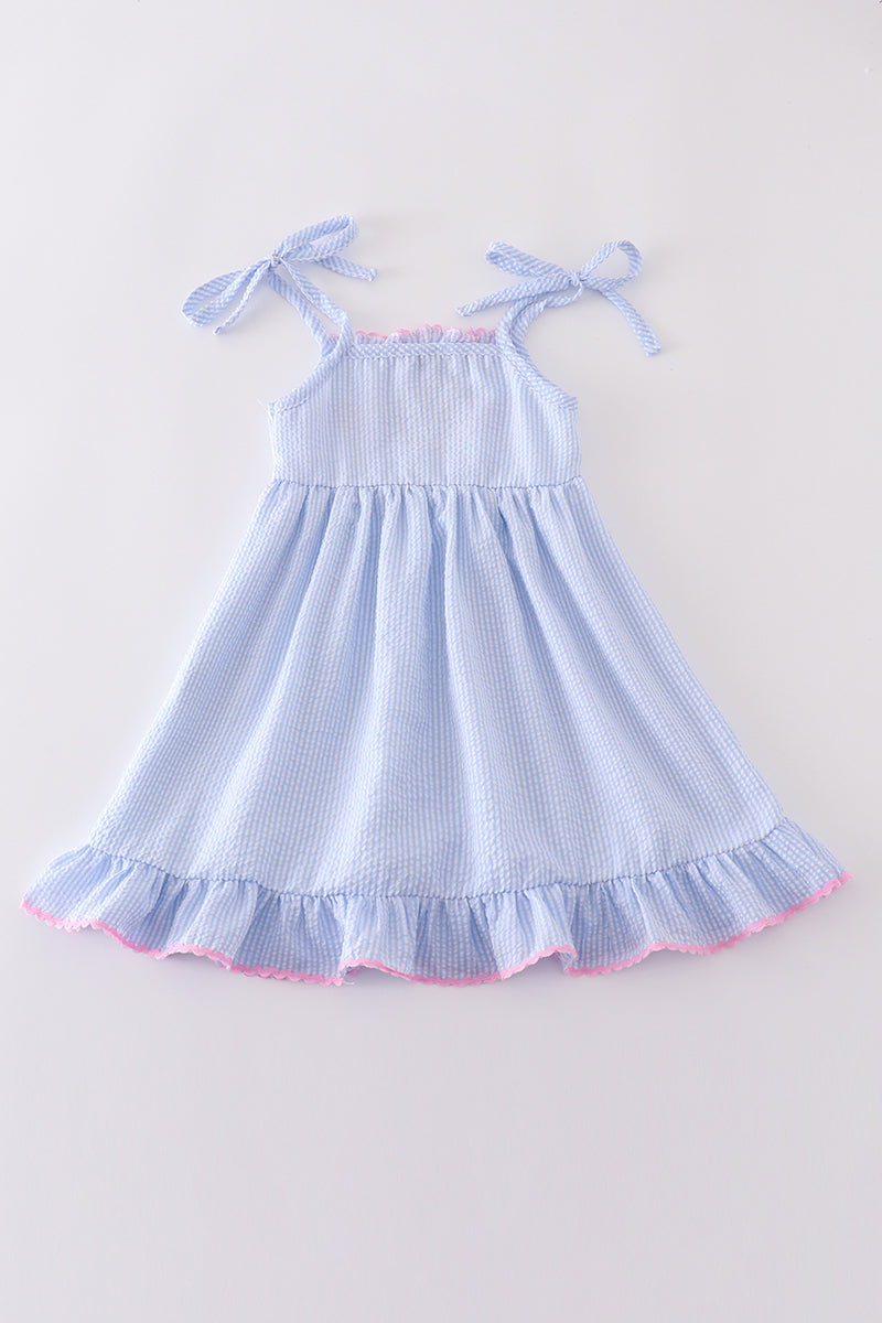 Blue striped seersucker bow embroidery girl dress