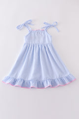 Blue striped seersucker bow embroidery girl dress