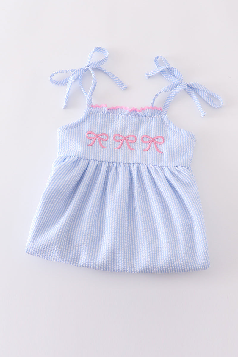 Blue striped seersucker bow embroidery girl dress