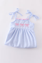 Blue striped seersucker bow embroidery girl dress