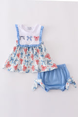 Bow trellis print embroidery ruffle bloomer set