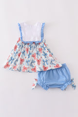 Bow trellis print embroidery ruffle bloomer set