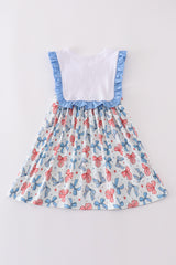 Bow trellis print embroidery ruffle dress