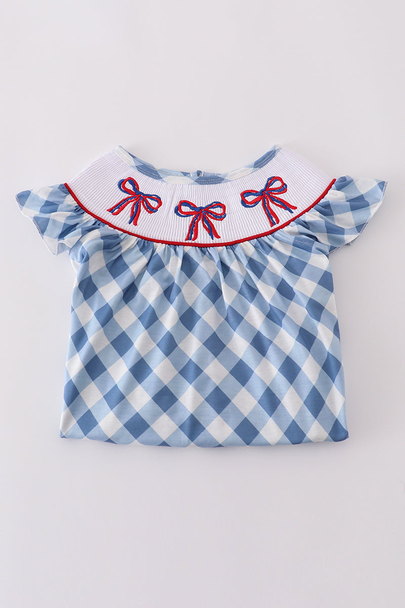 Blue bow embroidery smocked bubble