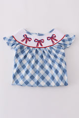 Blue bow embroidery smocked bubble