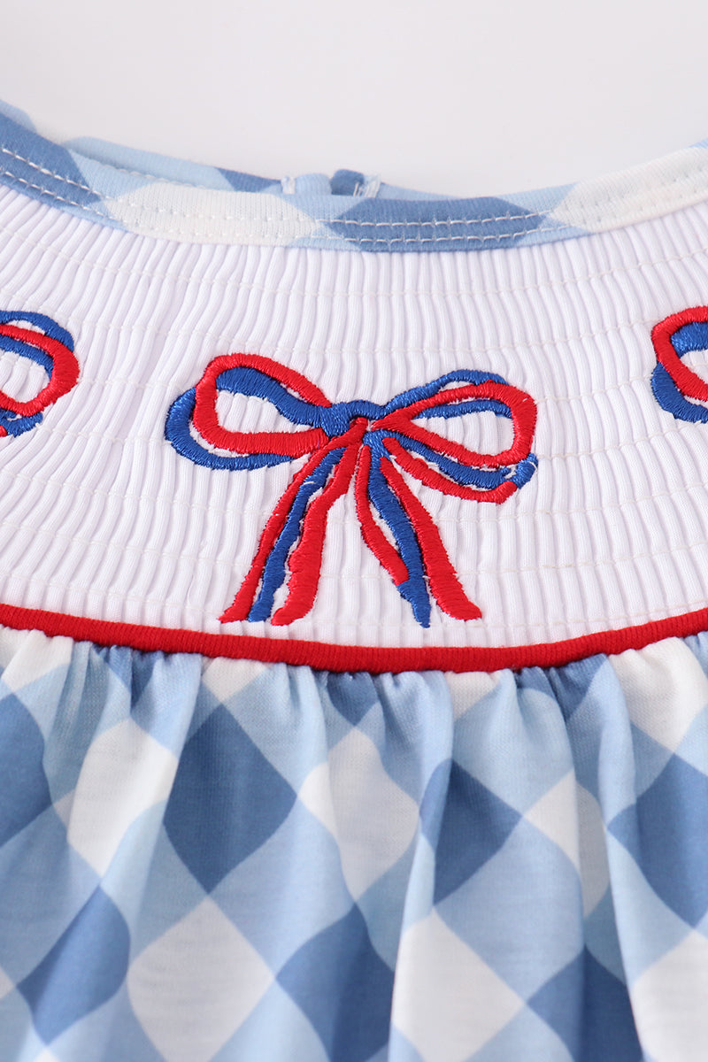 Blue bow embroidery smocked bubble