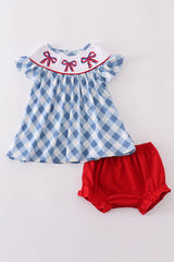 Blue bow embroidery smocked bloomer set