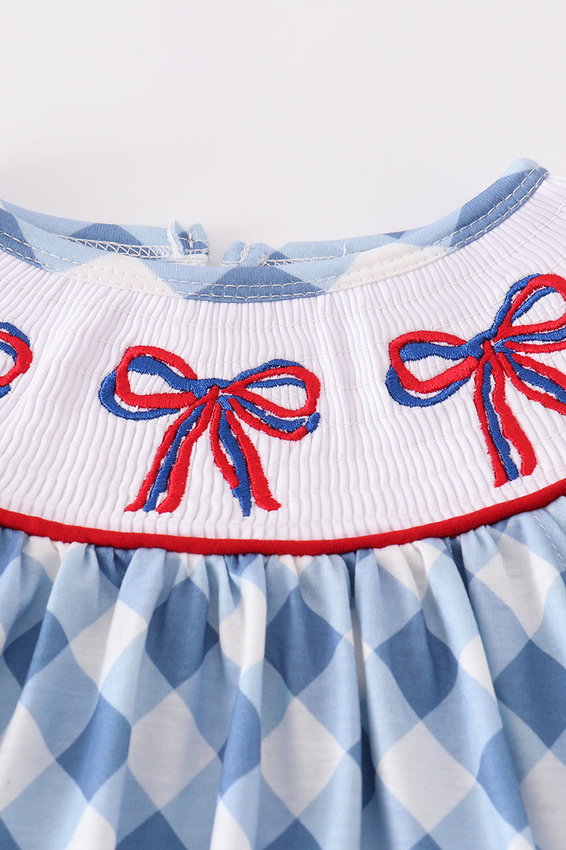 Blue bow embroidery smocked bloomer set