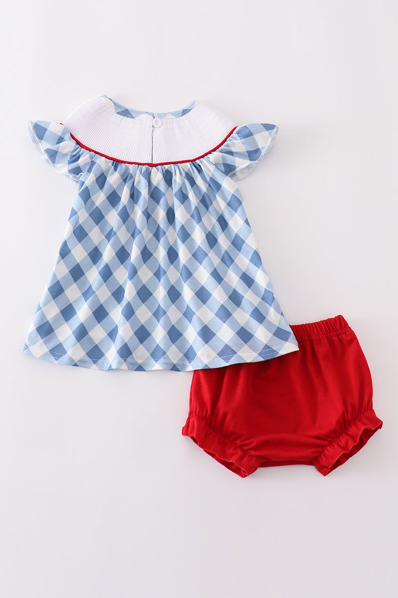 Blue bow embroidery smocked bloomer set