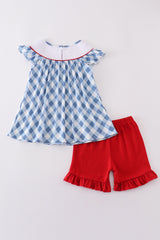 Blue bow embroidery smocked set