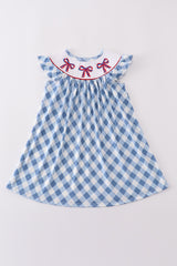 Blue bow embroidery smocked dress