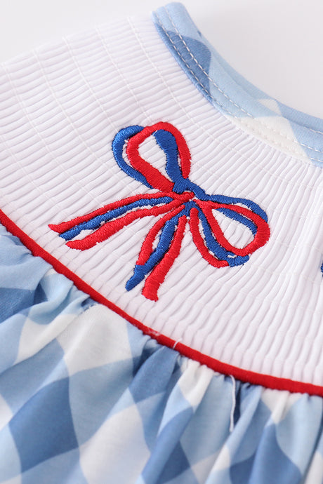 Blue bow embroidery smocked dress