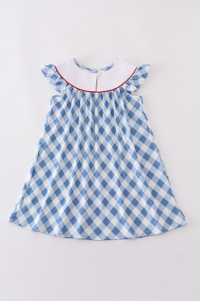 Blue bow embroidery smocked dress