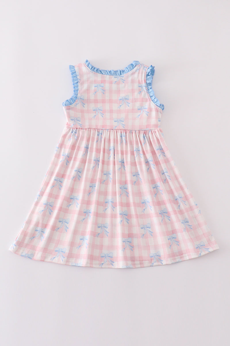 Pink plaid bow print gingham dress