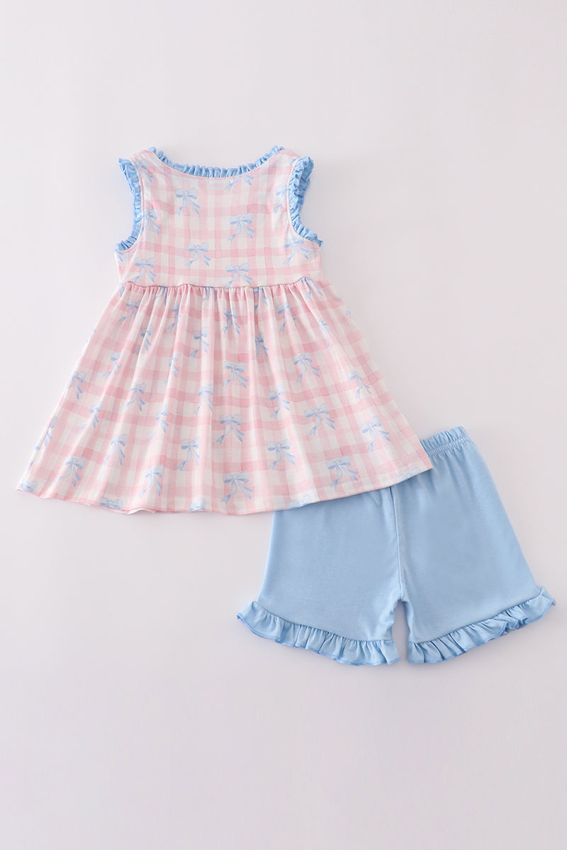 Pink plaid bow print gingham shorts set