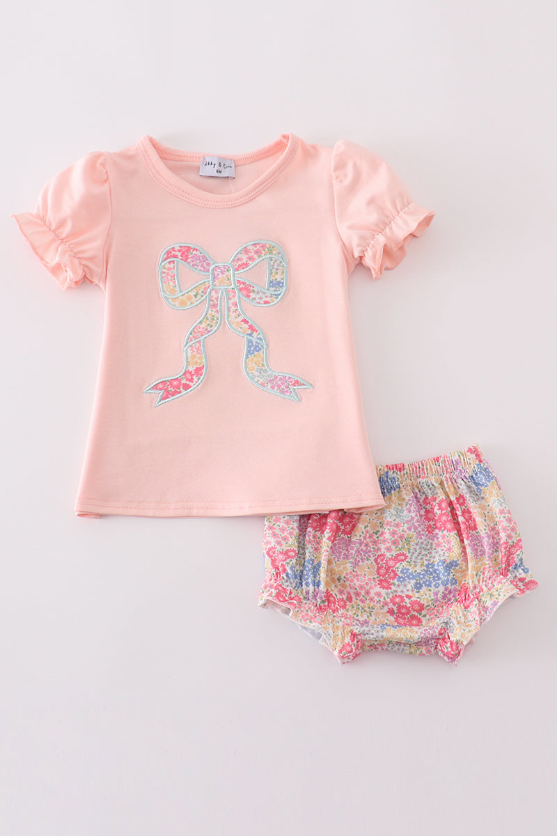 Pink floral print bow applique bloomer set