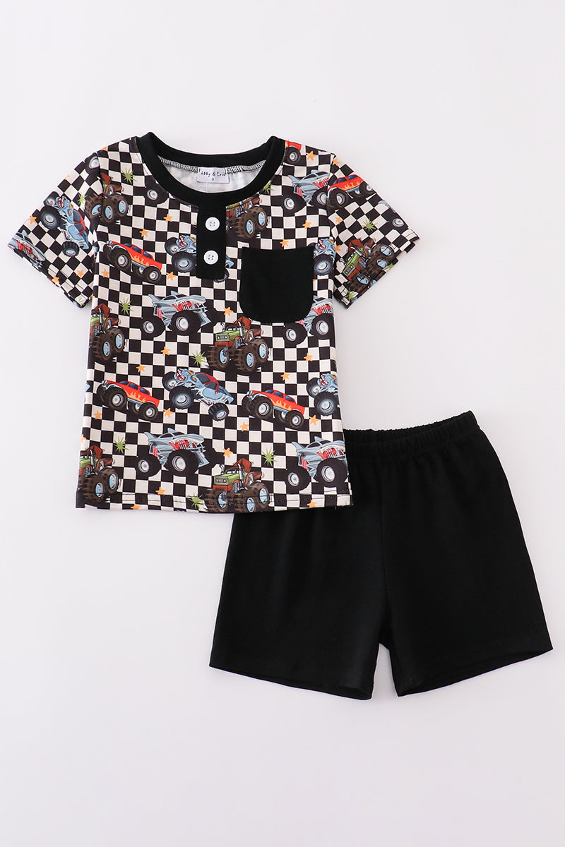 Black car checkered print boy set