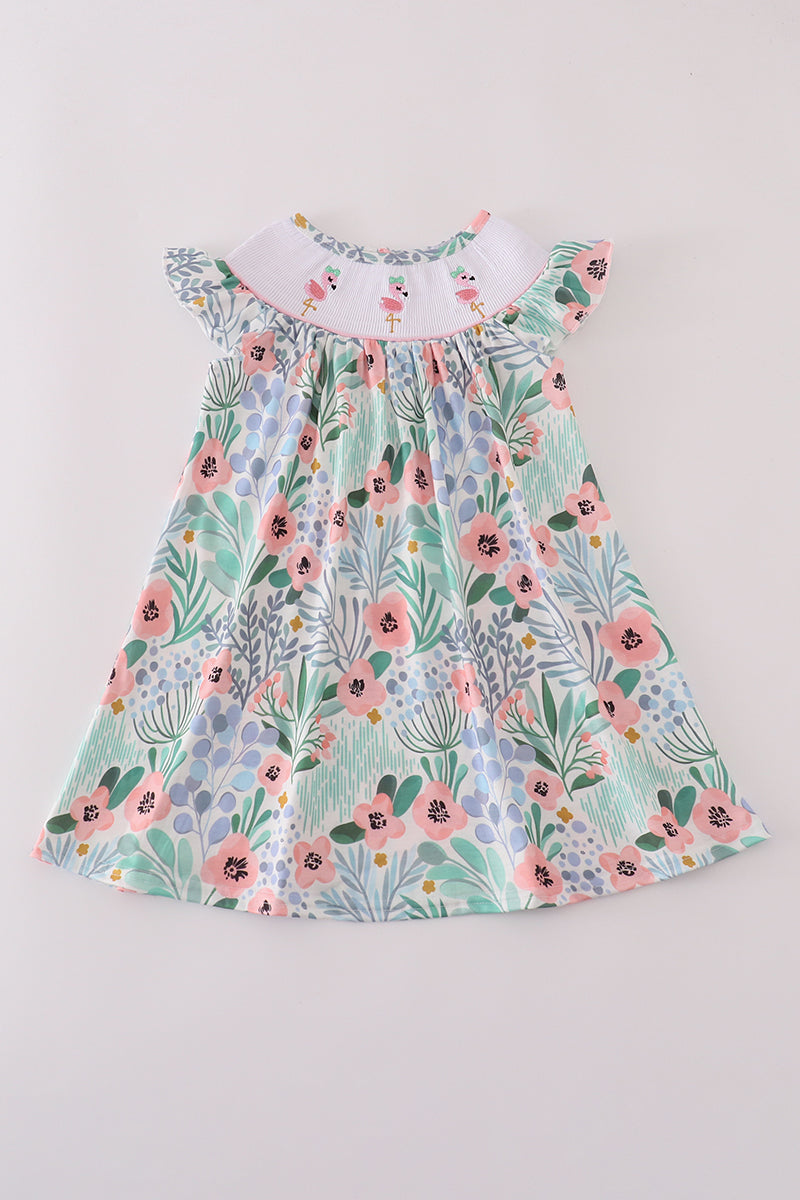 Floral flamingo embroidery smocked dress