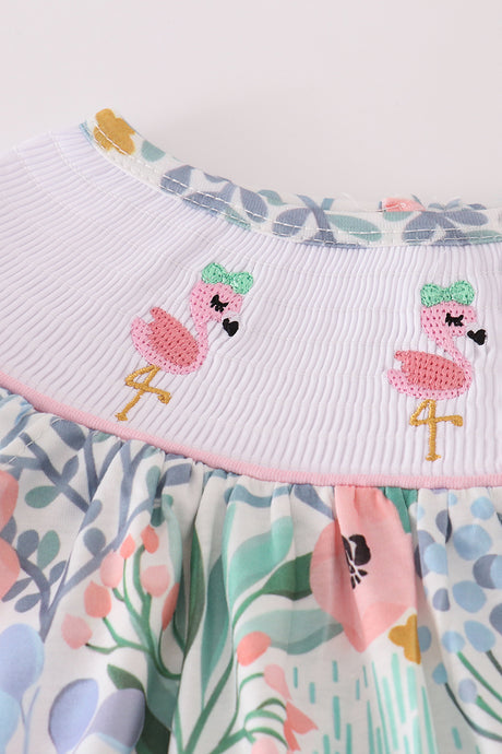 Floral flamingo embroidery smocked dress