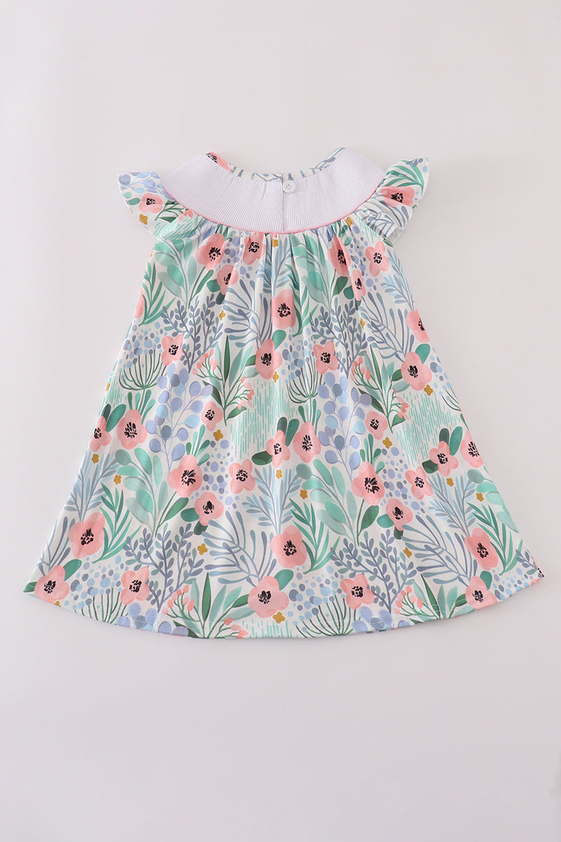 Floral flamingo embroidery smocked dress