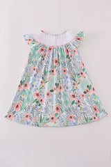 Floral flamingo embroidery smocked dress