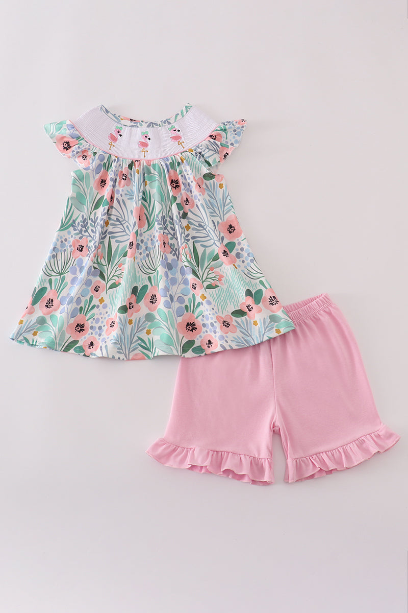 Floral flamingo embroidery smocked shorts set