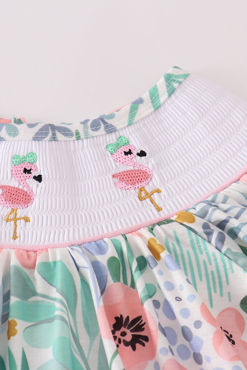 Floral flamingo embroidery smocked shorts set