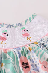 Floral flamingo embroidery smocked shorts set