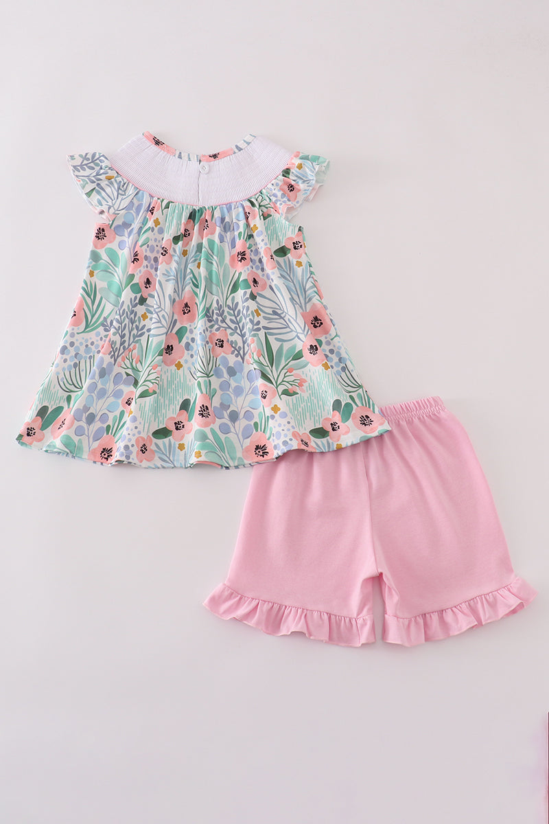 Floral flamingo embroidery smocked shorts set