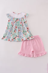 Floral flamingo embroidery smocked shorts set