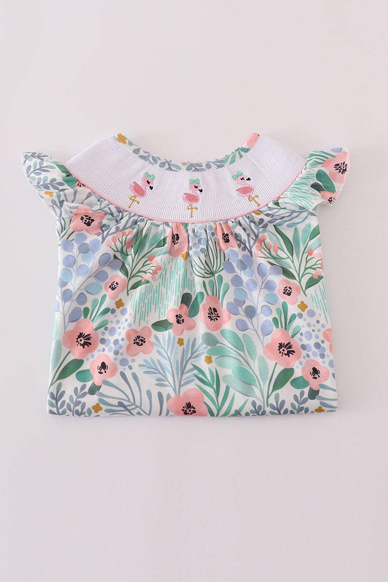 Floral flamingo embroidery smocked shorts set