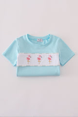 Blue flamingo embroidery short set