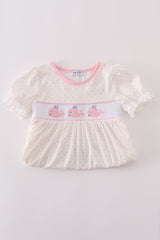 Pink whale embroidery smocked ruffle shorts set