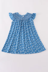Blue floral print smocked dress